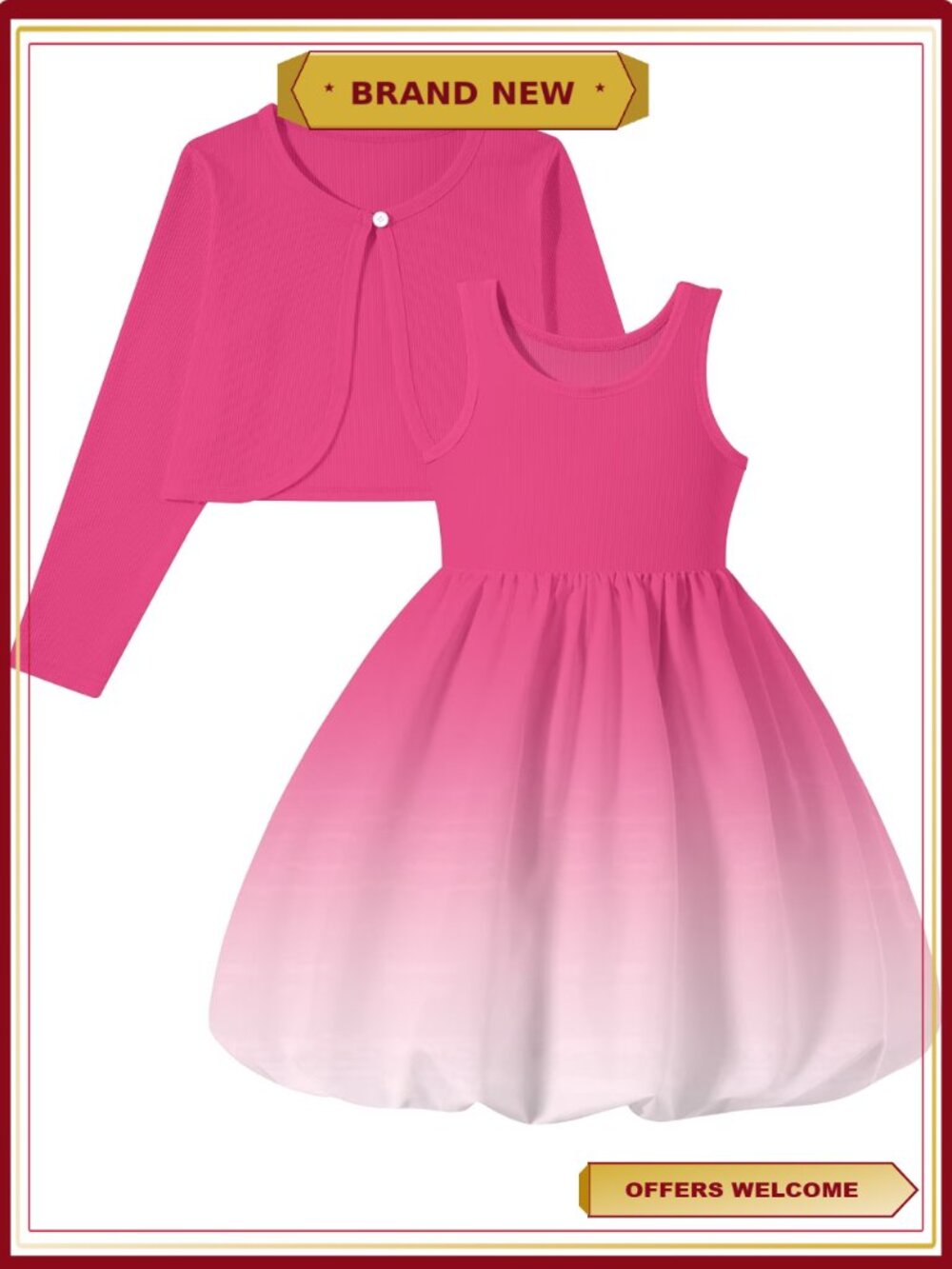 Girls 2 Piece Dress Set Sleeveless Bubble Dress Cardigan Side Pockets